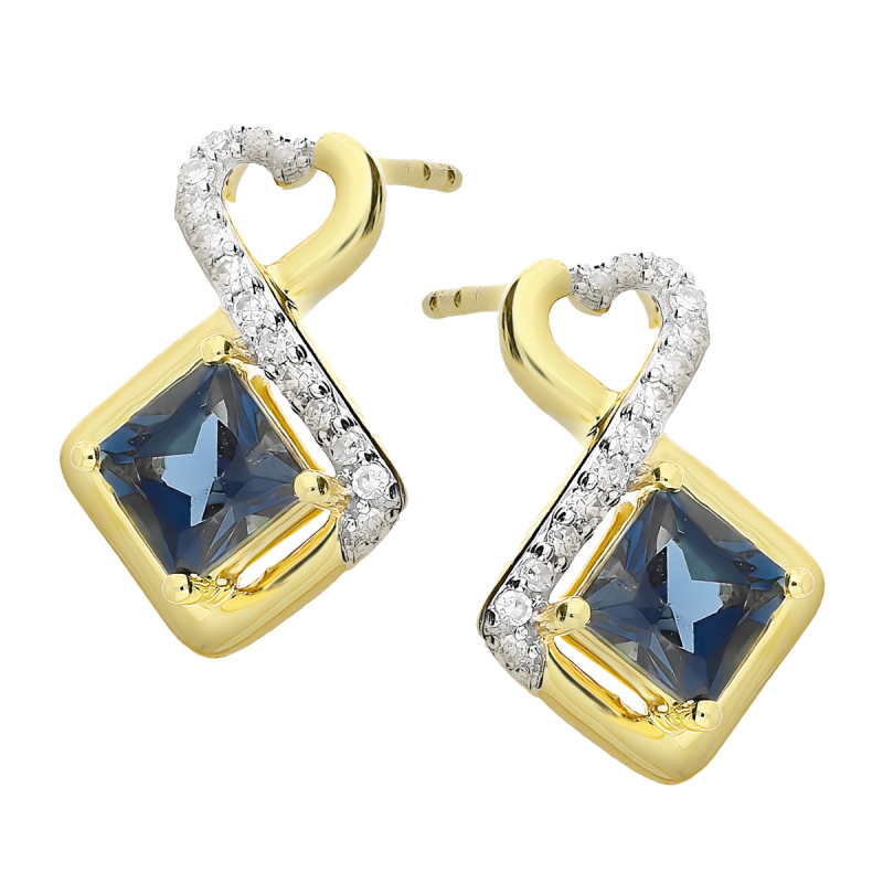 Kolczyki złote kwadratowy topaz london i diamenty/sztyft TK 7742-6478 LBT square+heart próba 375