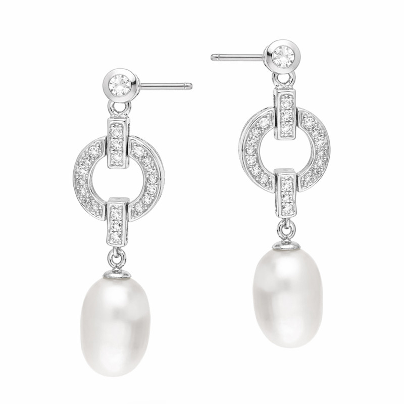 Kolczyki srebrne wiszące z perłami i cyrkoniami próba 925